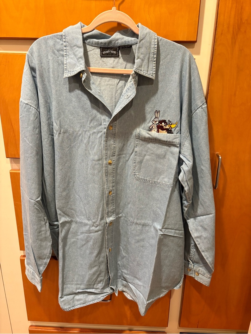 Vintage Looney Tunes Light Wash Denim Button-Up Shirt with Pocket Embroidery